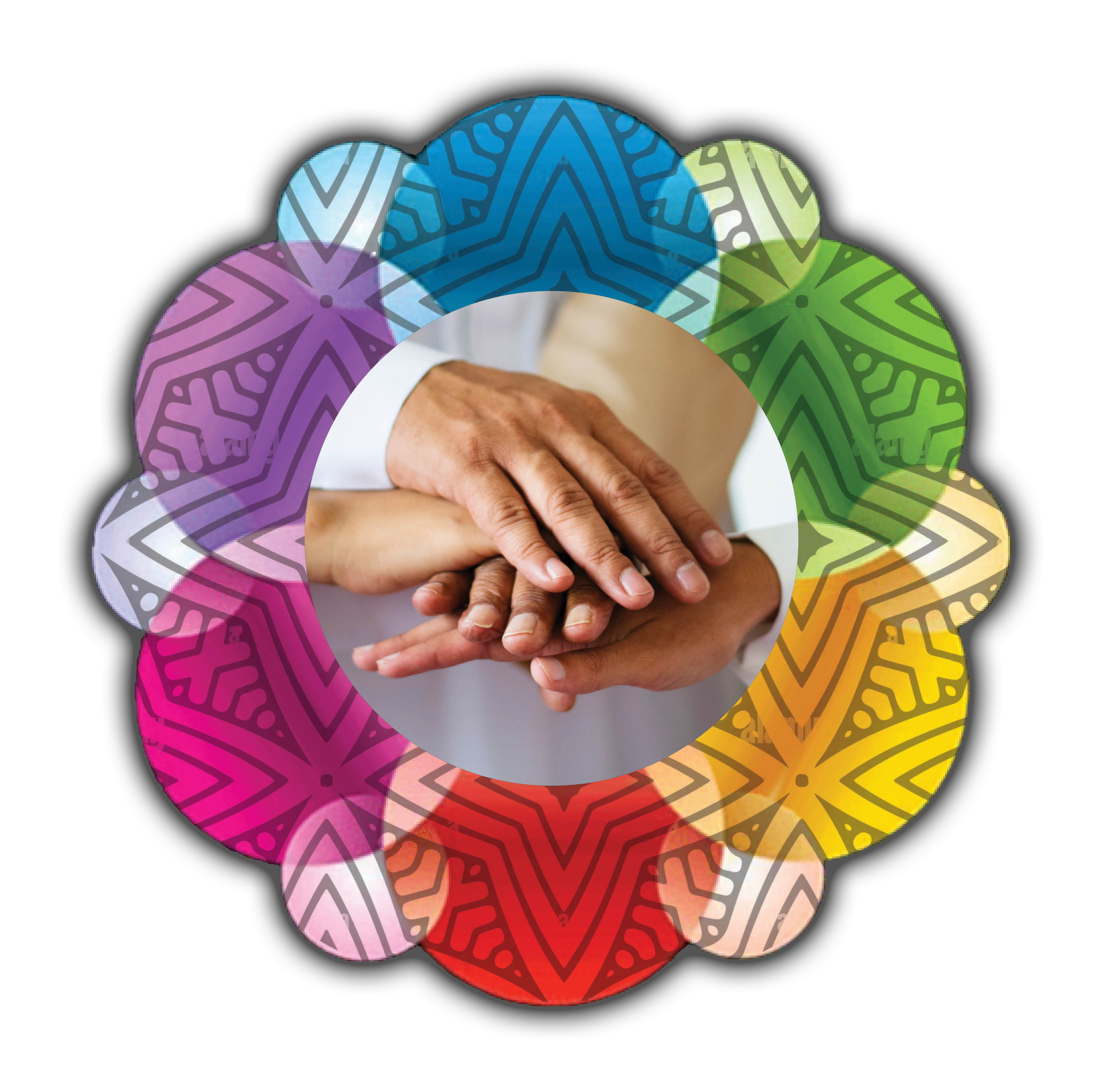 A circular logo featuring hands of different skin tones stacked together in the center, surrounded by a colorful patterned ring symbolizing unity, diversity, and interfaith community.
